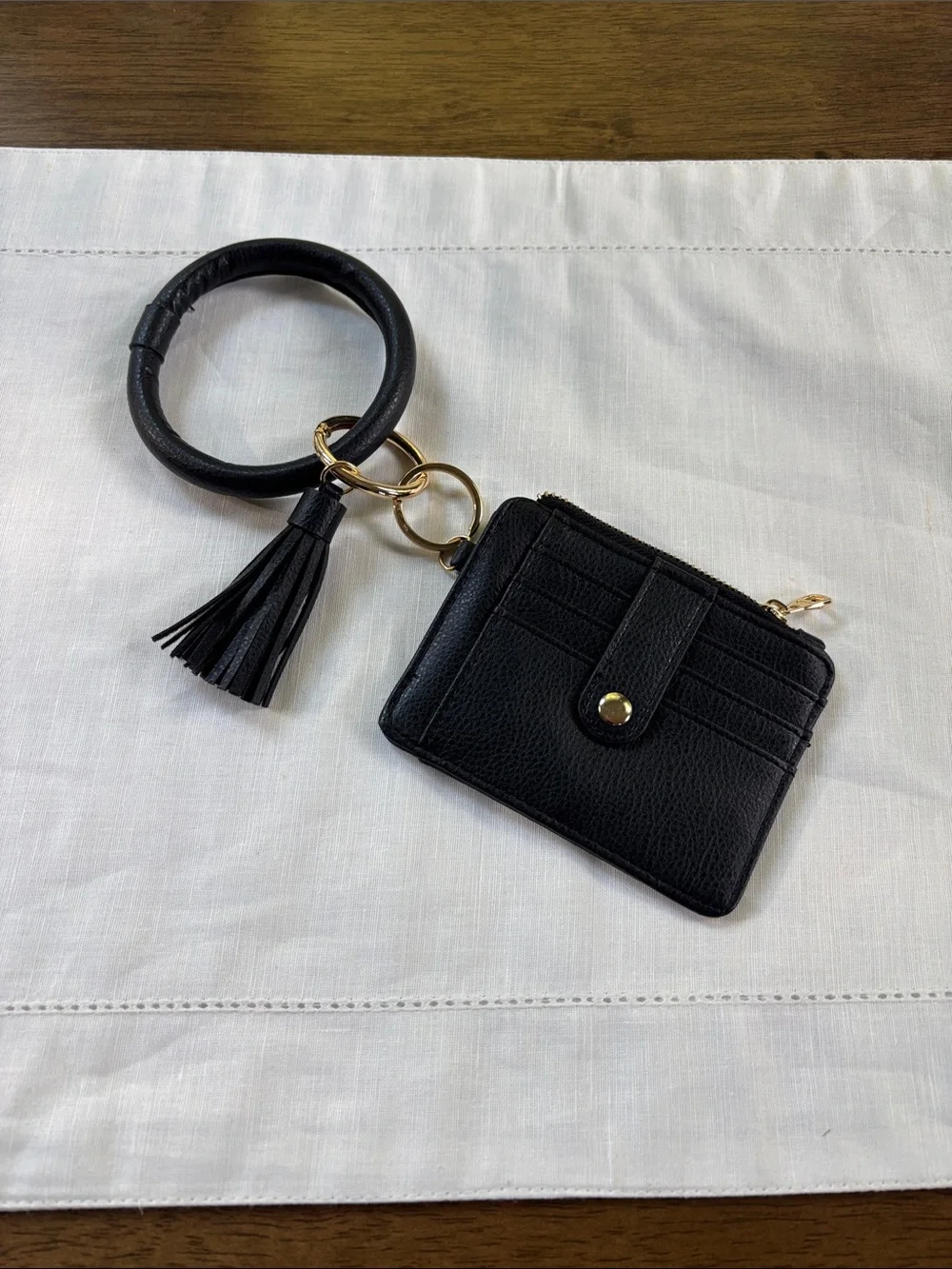Black Leather Wristlet Card Holder with Tassel Keyring